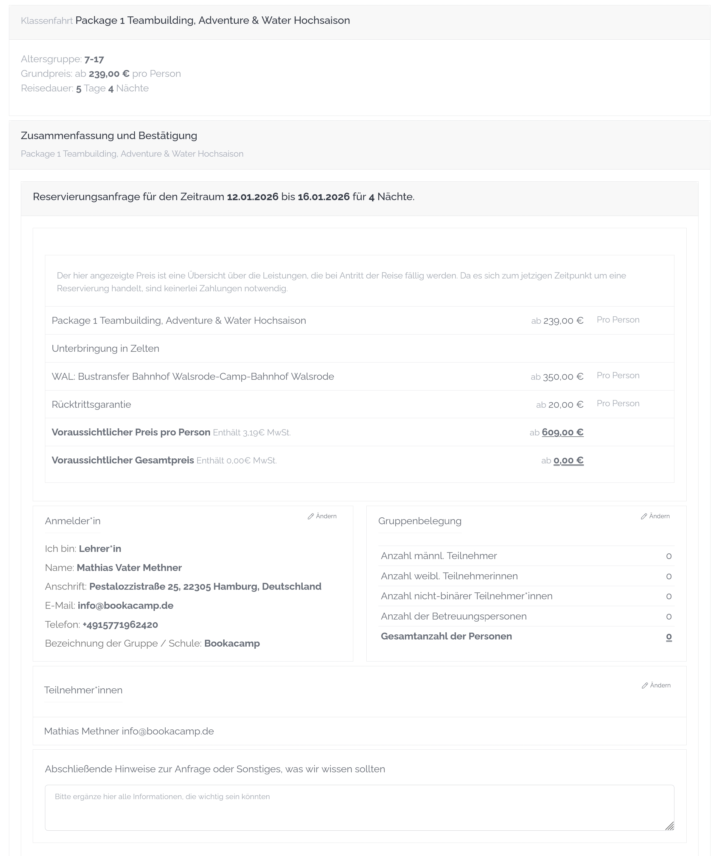 Screenshot group booking summary